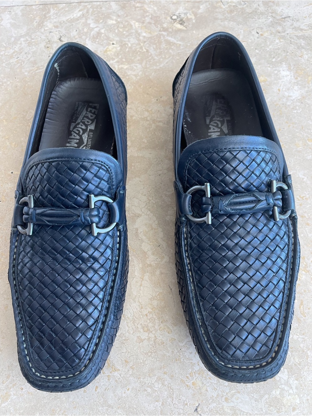 Salvatore Ferragamo Navy Woven Leather Bit Drivers